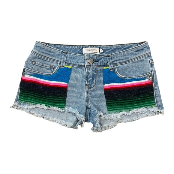 Young & Faded Low-rise Denim Micro Shorts with Frayed Hem and Statement Pockets - Picture 1 of 6